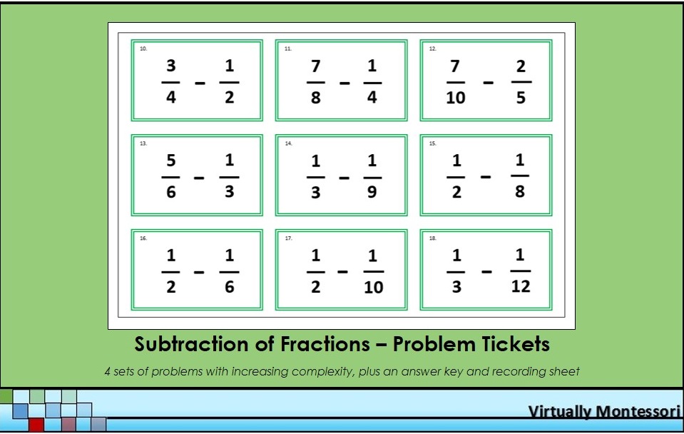 Subtraction of Fractions Problem Tickets - Virtually Montessori