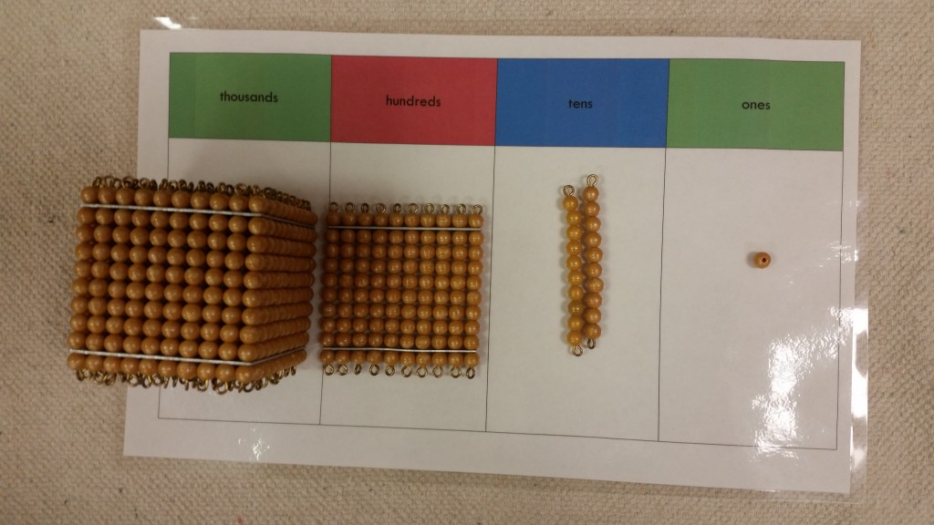 Creating numbers using golden beads and a place value mat