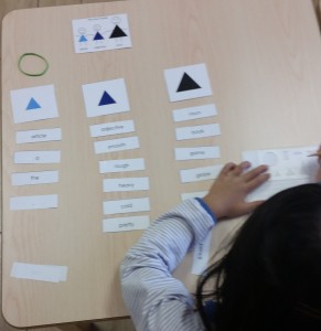 First year elementary student identifying parts of speech and symbolizing using Montessori grammar symbols