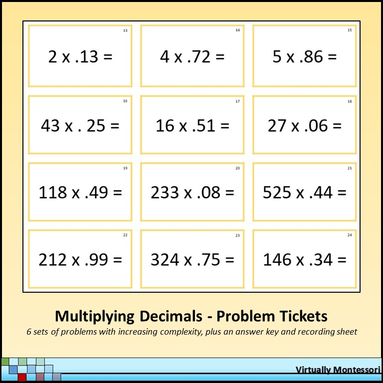 Multiplying Decimals Problem Tickets by Virtually Montessori