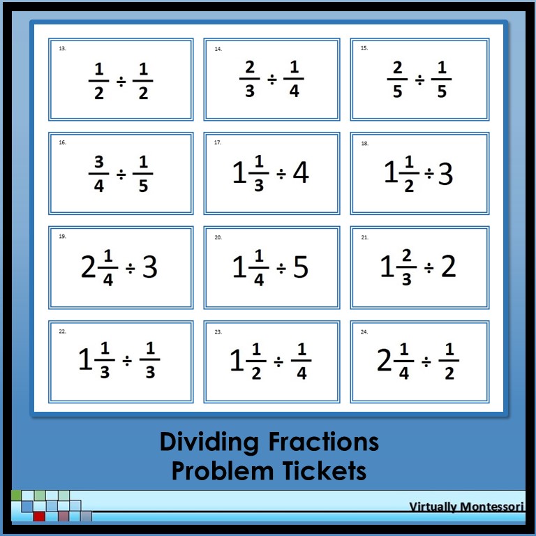 Dividing Fractions Problem Tickets by Virtually Montessori