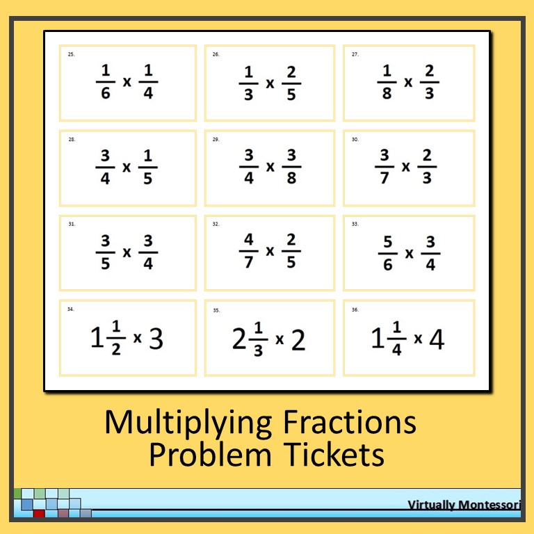 Multiplying Fractions Problem Tickets by Virtually Montessori