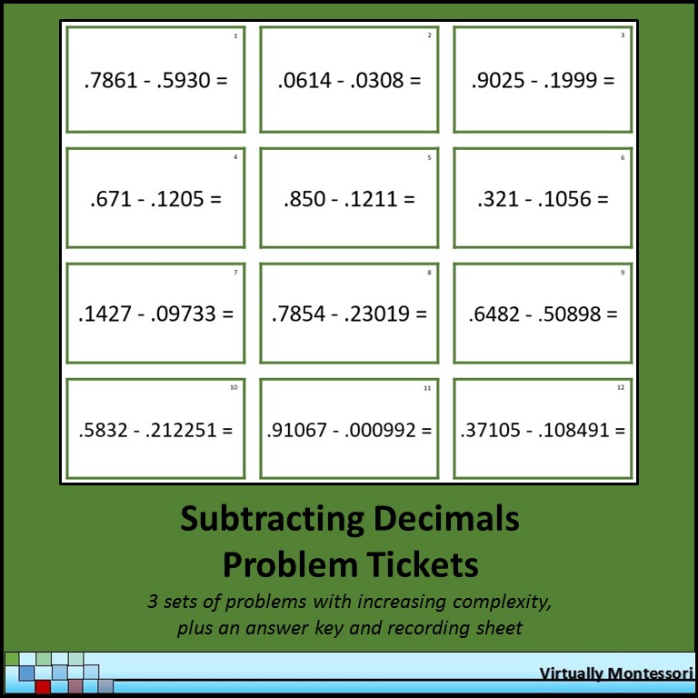 Subtracing Decimals Ticket Cards