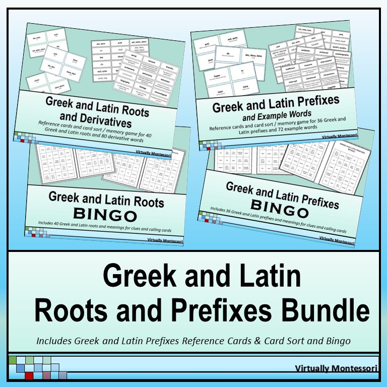Greek and Latin Roots and Prefixes Card Sort Activities Bingo Games by Virtually Montessori