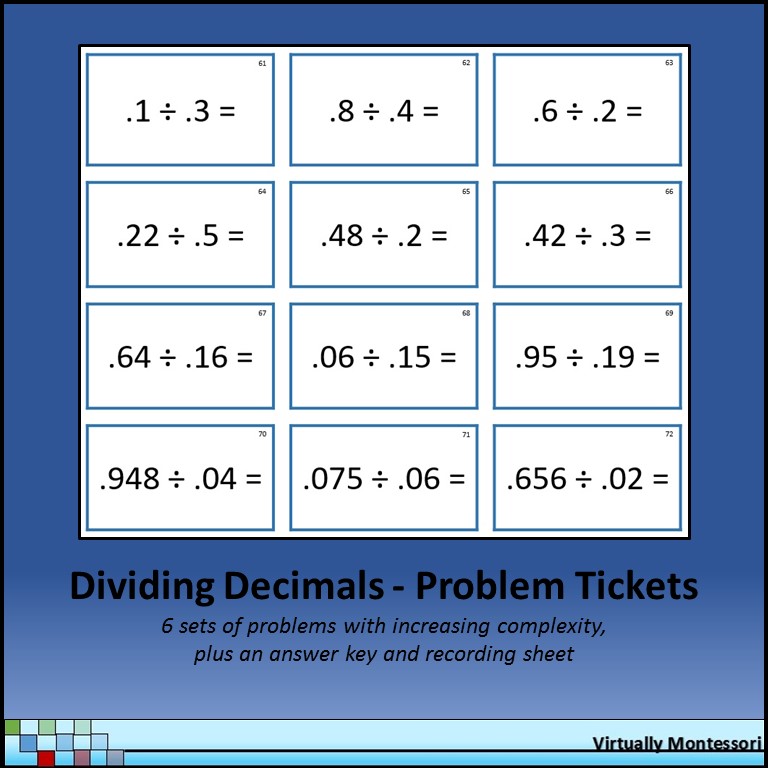Dividing Decimals Problem Tickets by Virtually Montessori