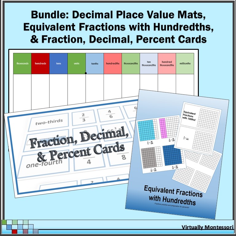 Bundle Decimal Place Value Mat Equivalent Fractions Fraction Decimal Percent Card Sort by Virtually Montessori