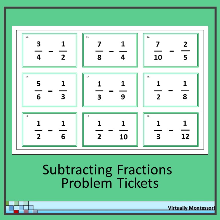 Subtracting Fractions Problem Tickets by Virtually Montessori