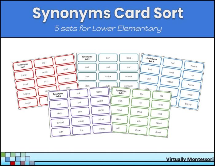 Synonyms Card Sort Activity for Lower Elementary by Virtually Montessori