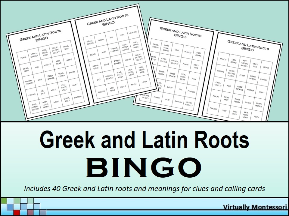 Greek and Latin Roots Bingo Game by Virtually Montessori