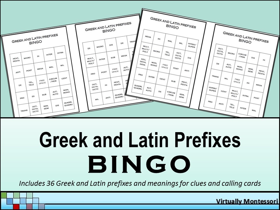 Greek and Latin Prefixes Bingo Game by Virtually Montessori