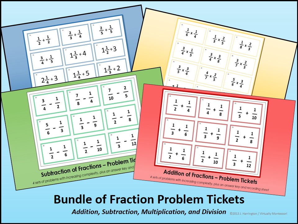 Bundle Fraction Operations Tickets by Virtually Montessori
